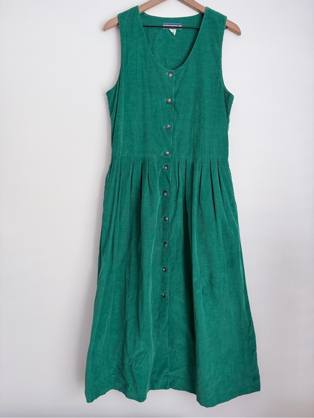 Bryn Connelly Vintage Corduroy Button Sleeveless Midi Dress Green quirky cottage